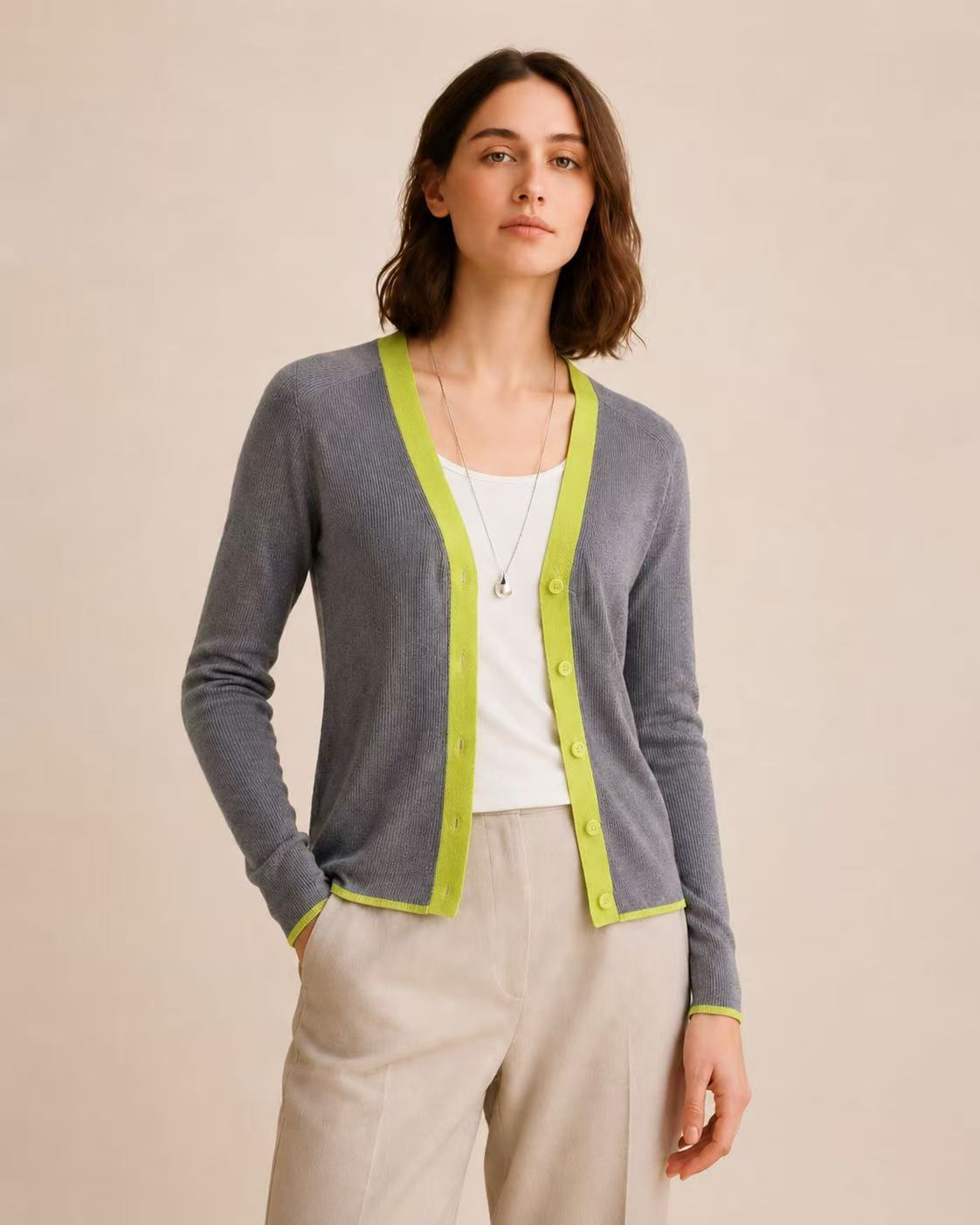 100% Wool Contrast Trim Cardigan