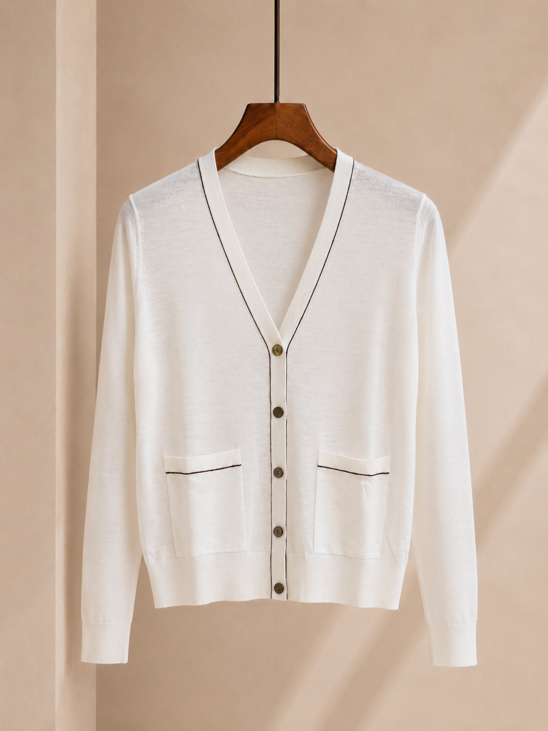 100% Wool Contrast Trim Cardigan