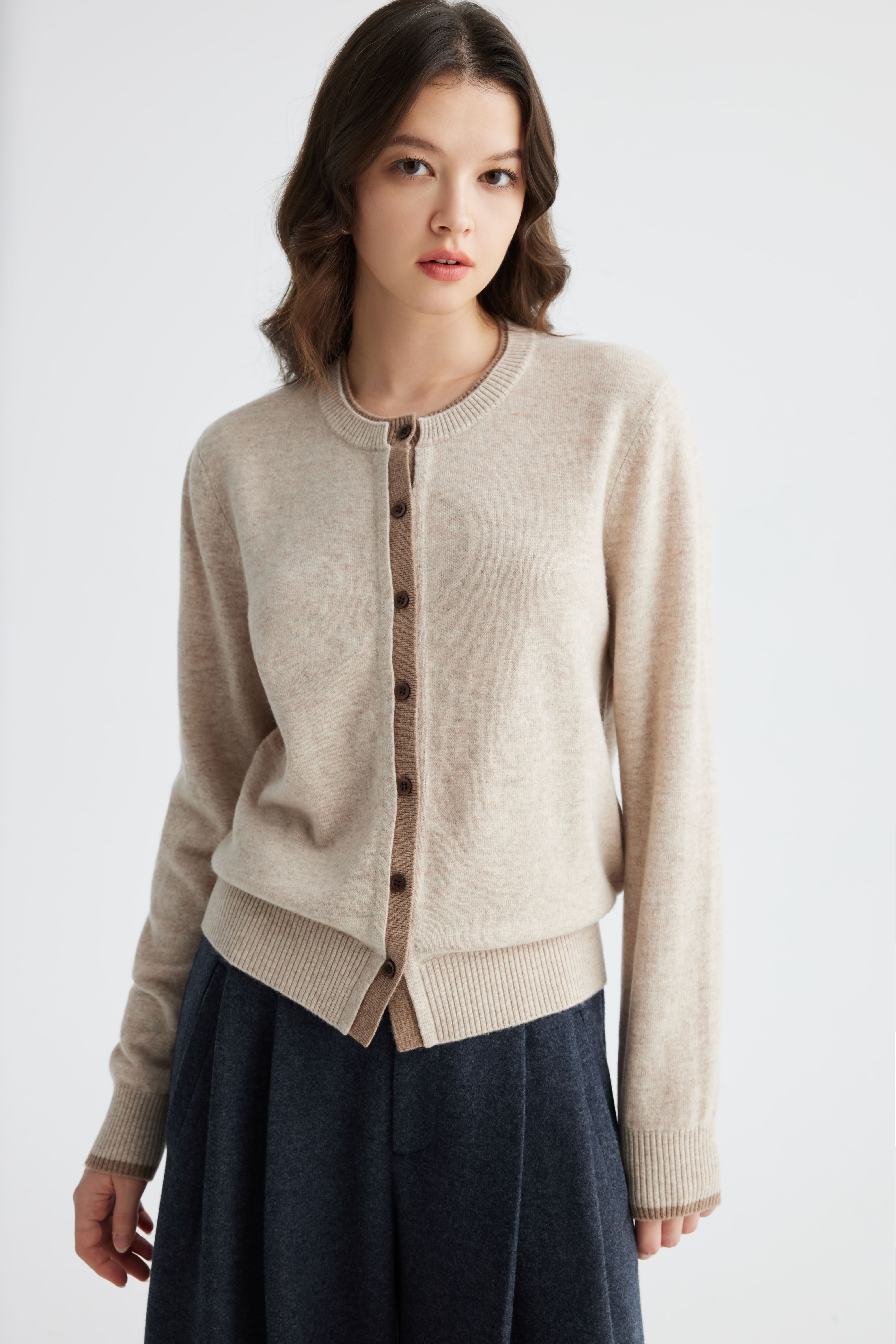 YWÉRA Pure Wool Crewneck Cardigan — Oat Beige