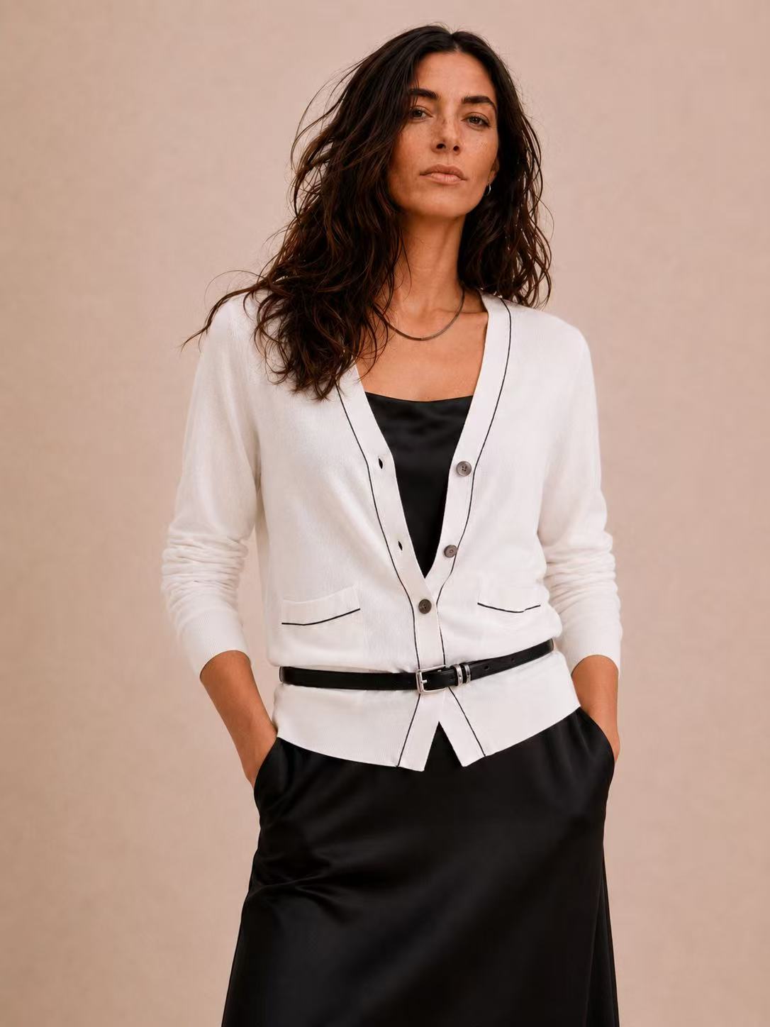 100% Wool Contrast Trim Cardigan