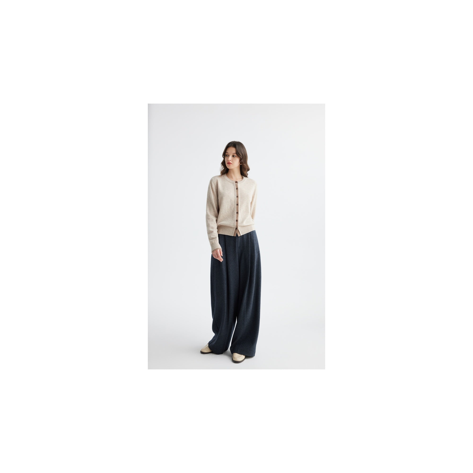YWÉRA Pure Wool Crewneck Cardigan — Oat Beige