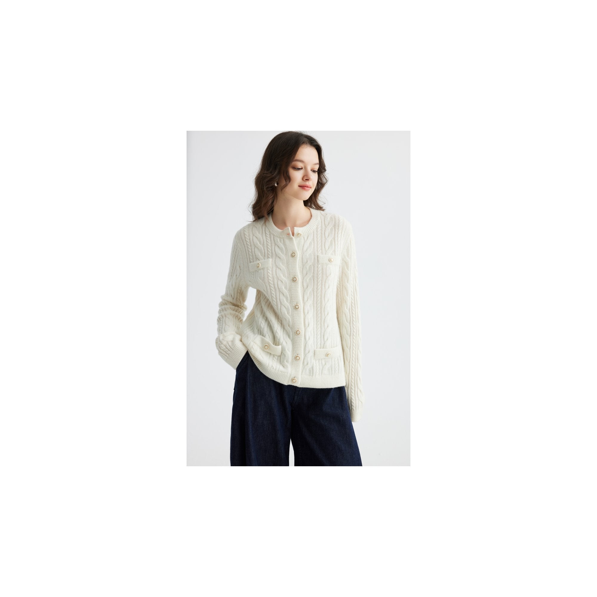 YWÉRA Cable-Knit Pure Cashmere Cardigan — White