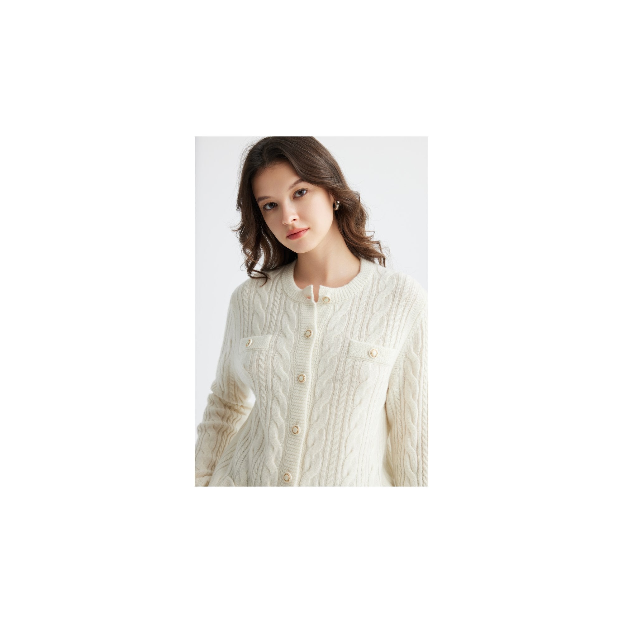 YWÉRA 100% Cashmere Cable-Knit Cardigan — White