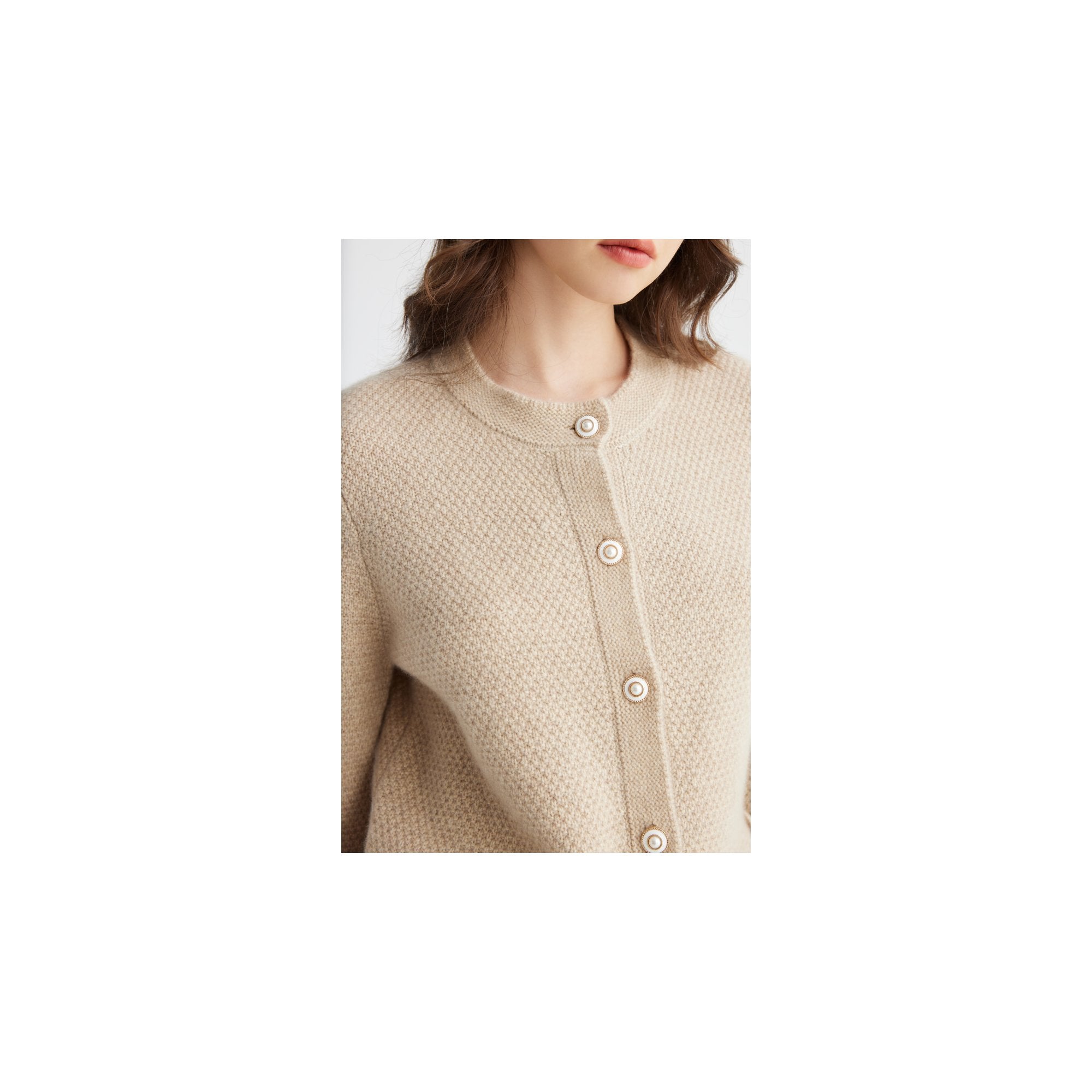 YWÉRA Pure Cashmere Sequin Detail Cardigan — Camel Beige