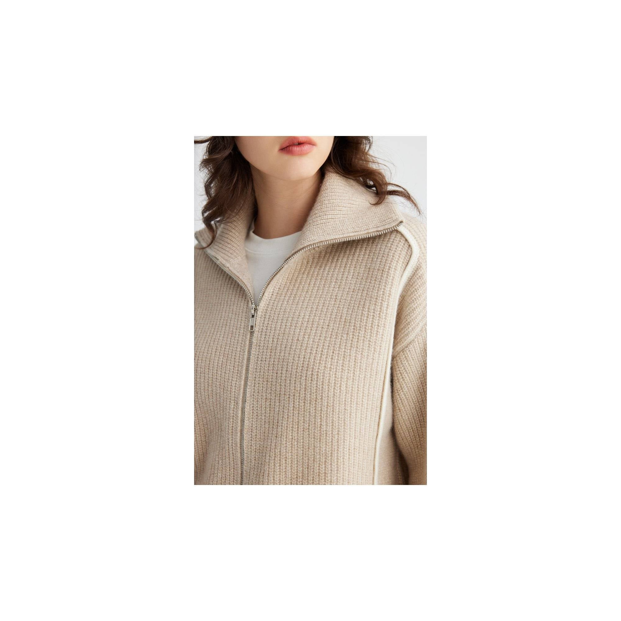 YWÉRA 100% Cashmere Ribbed Zip Cardigan — Beige & Golden Lurex