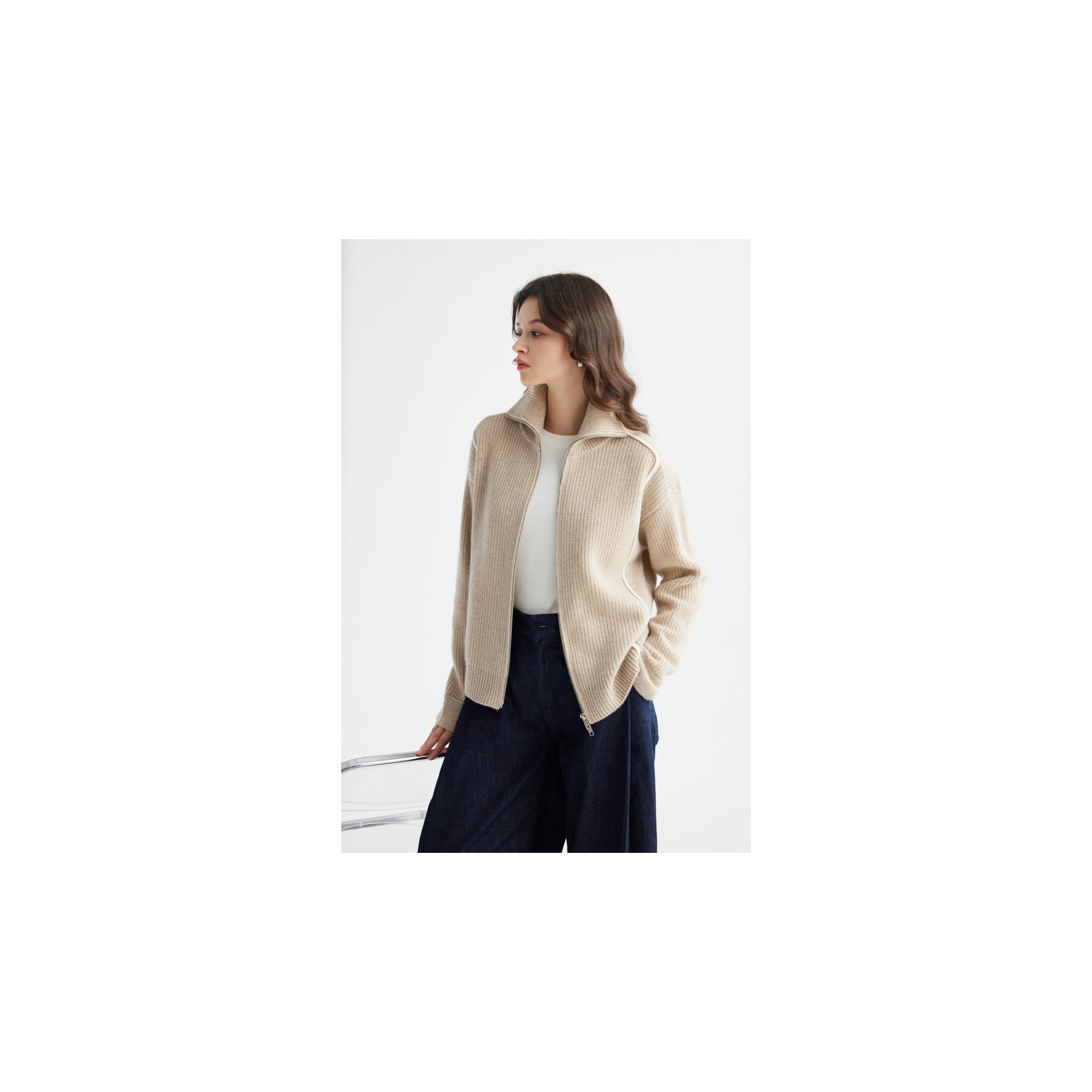 YWÉRA Pure Cashmere Ribbed Zip Cardigan — Beige & Golden Lurex