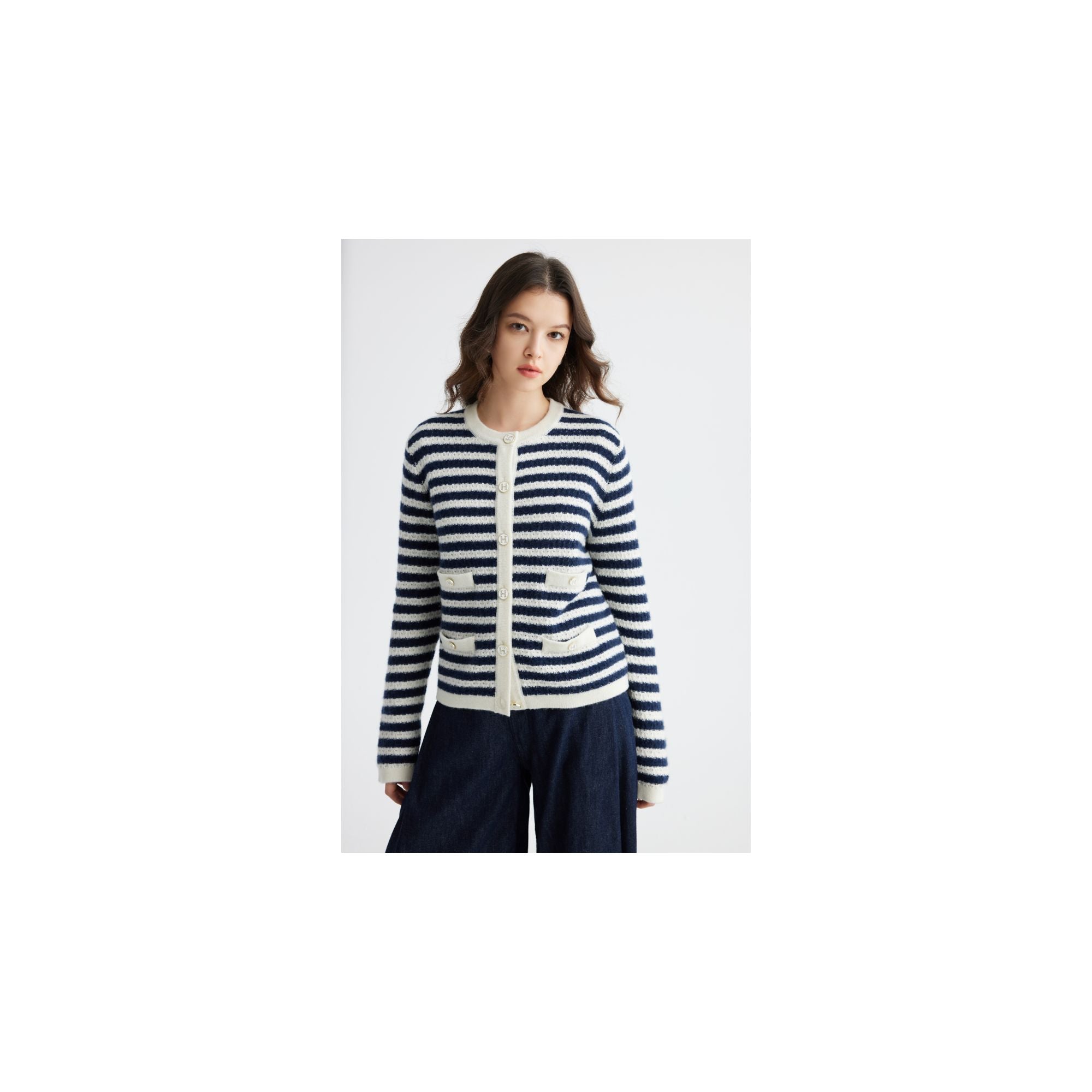 YWÉRA Pure Cashmere Cardigan —Dark Blue Striped