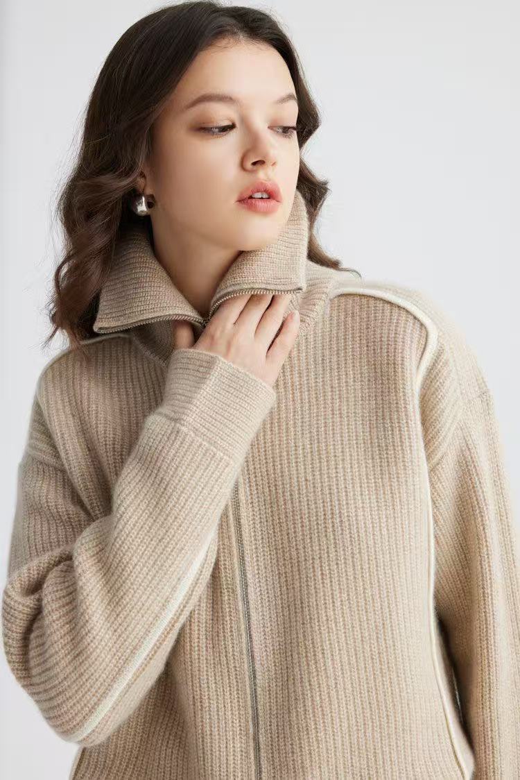 YWÉRA 100% Cashmere Ribbed Zip Cardigan — Beige & Golden Lurex