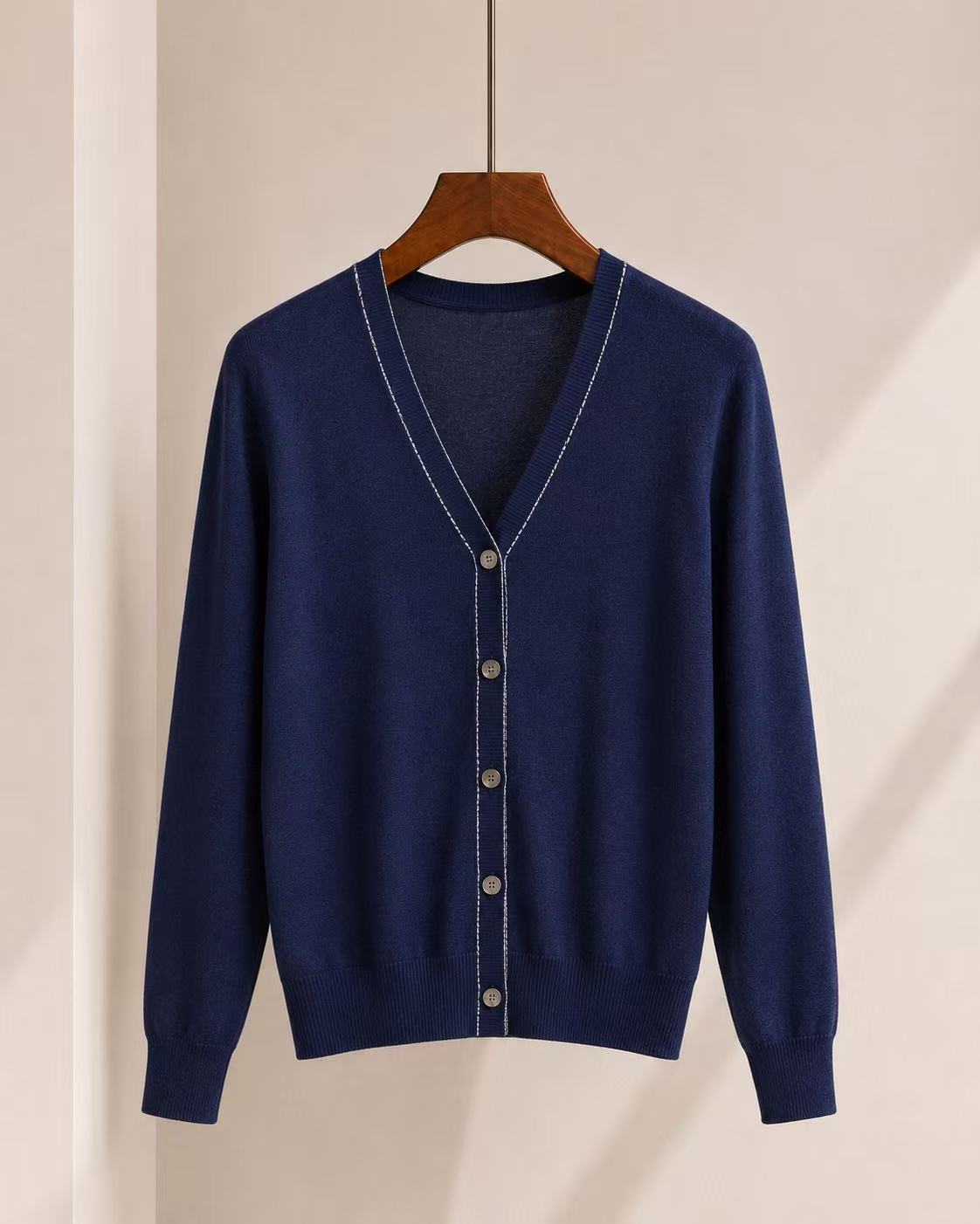 100% Wool Contrast Trim Cardigan