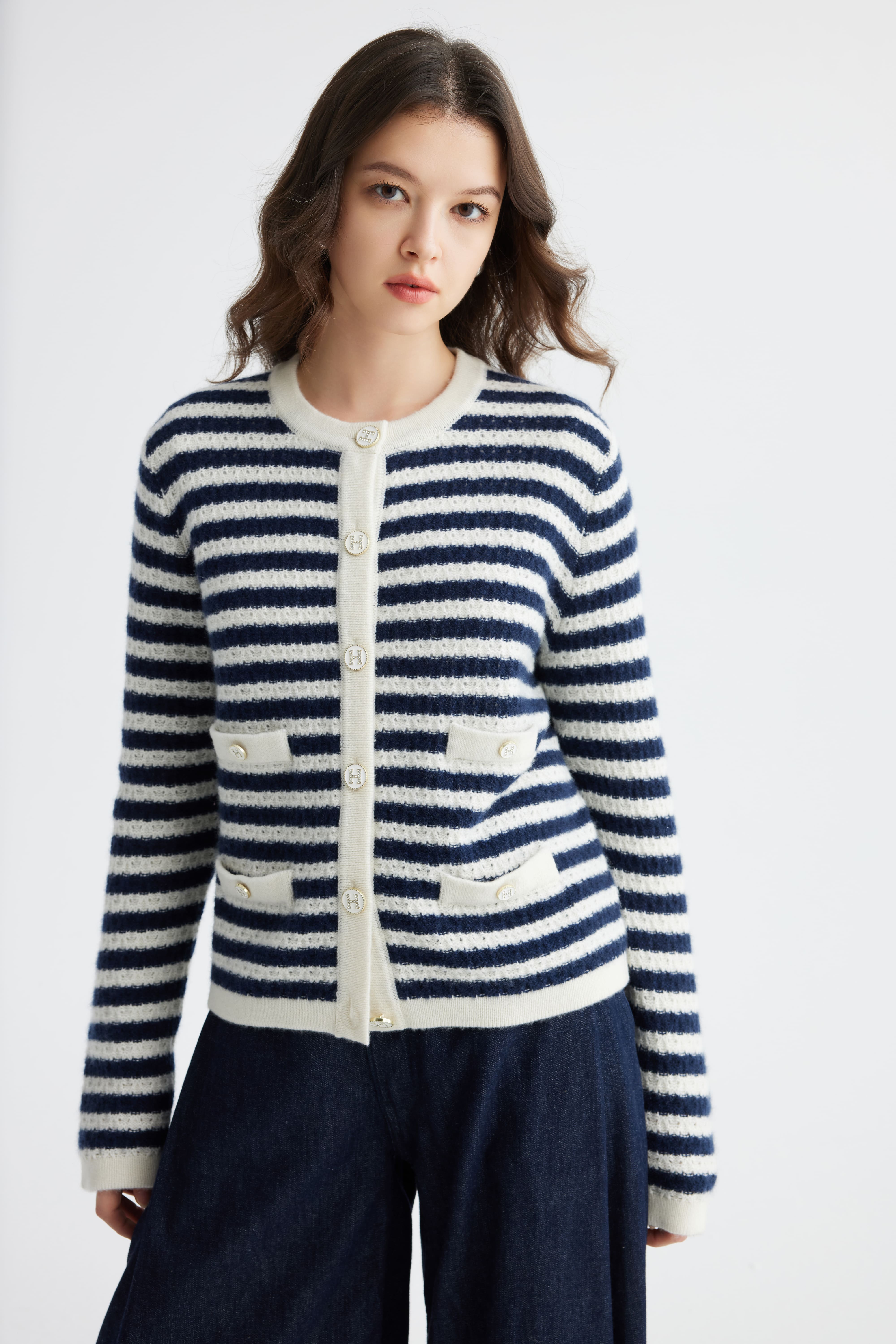 Dark Blue Striped Cashmere Cardigan