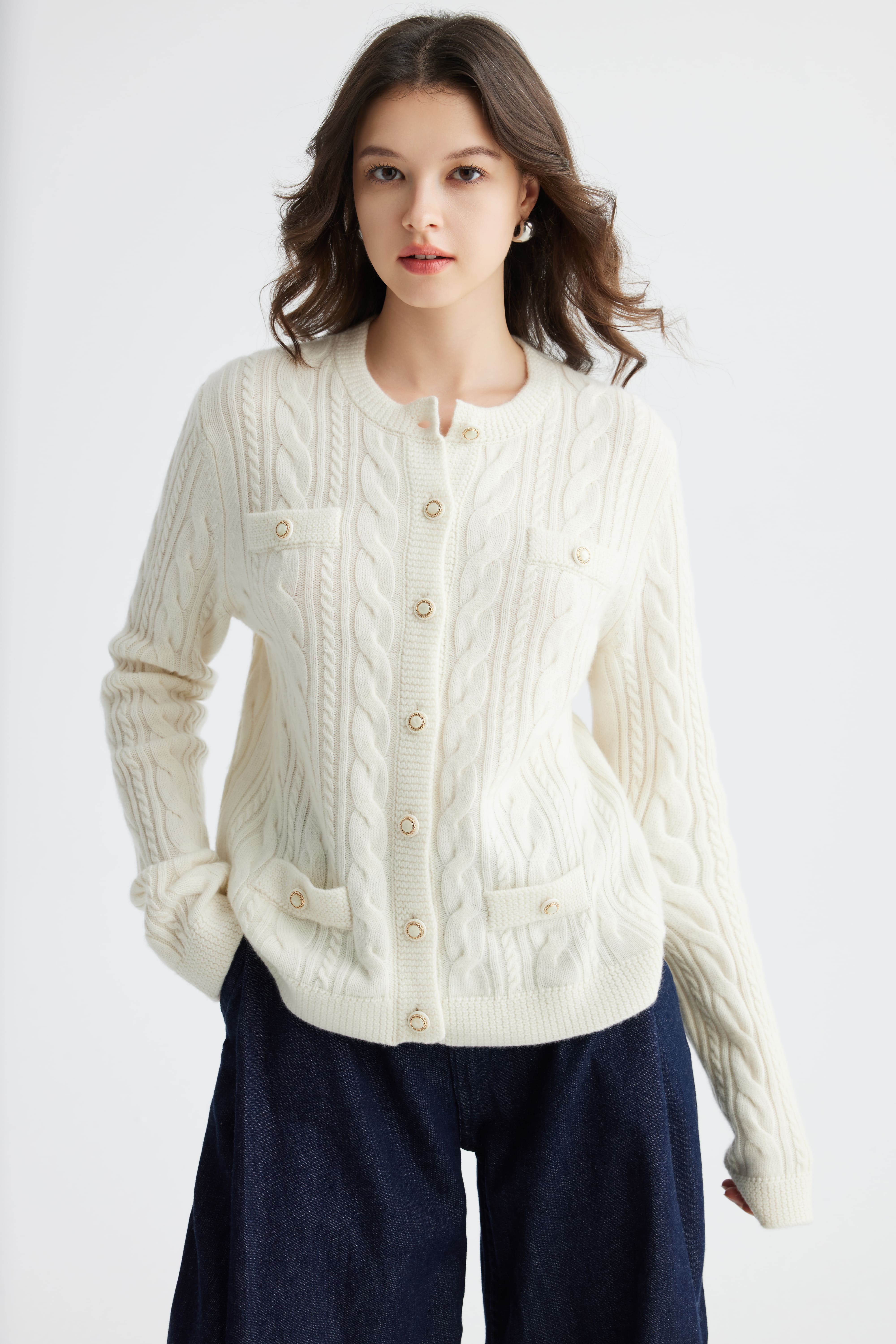 YWÉRA 100% Cashmere Cable-Knit Cardigan — White