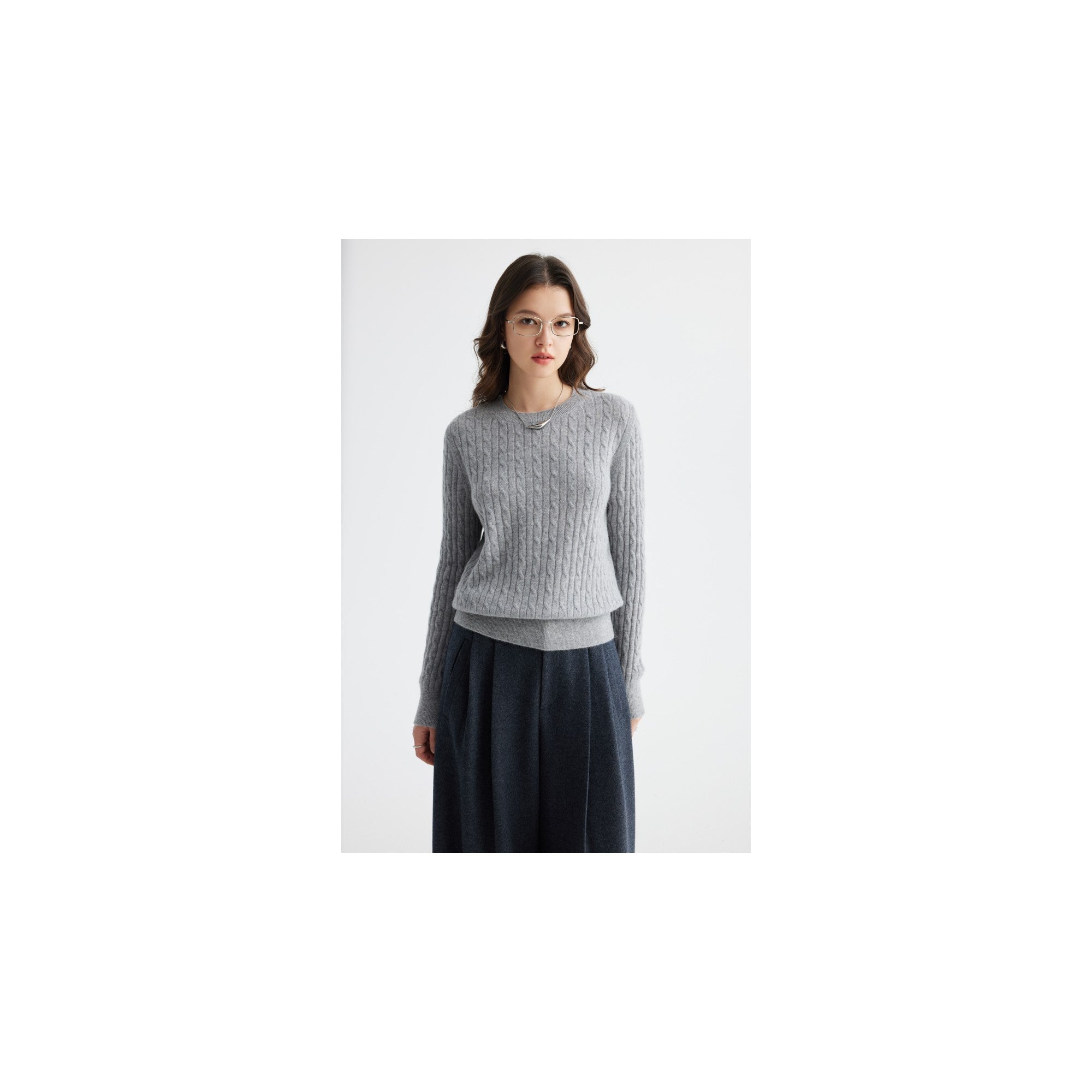 YWÉRA Cable-Knit Pure Cashmere Sweater — Light Grey, Light Khaki, and Grey Camel