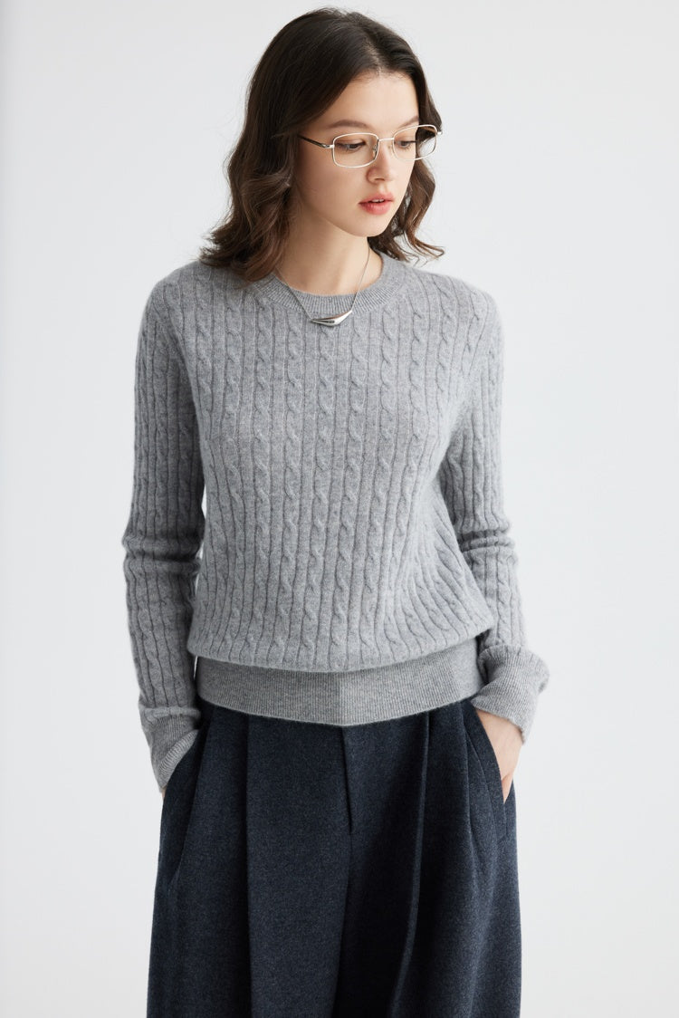 YWÉRA Cable-Knit Pure Cashmere Sweater — Light Grey, Light Khaki, and Grey Camel