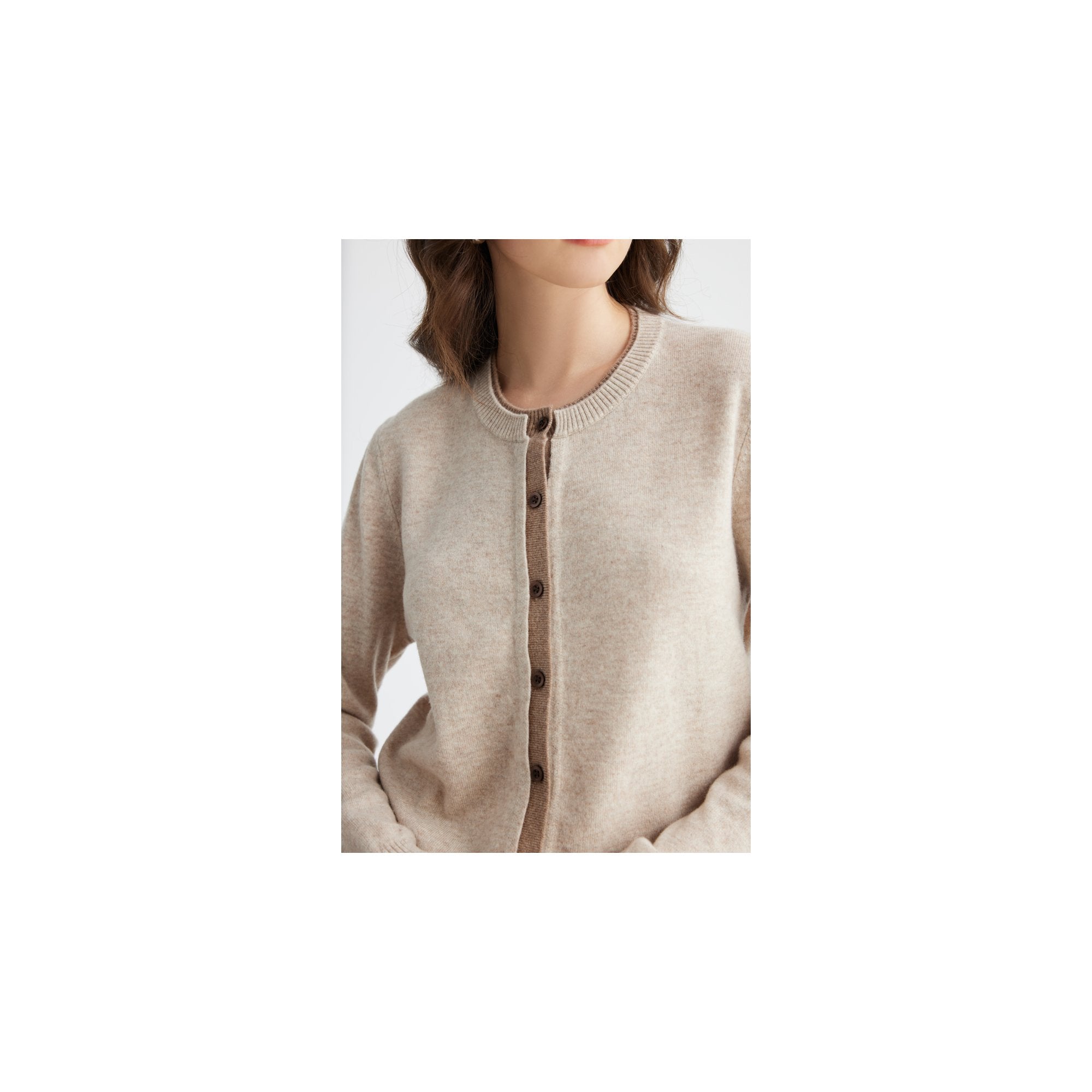 YWÉRA Pure Wool Crewneck Cardigan — Light Khaki