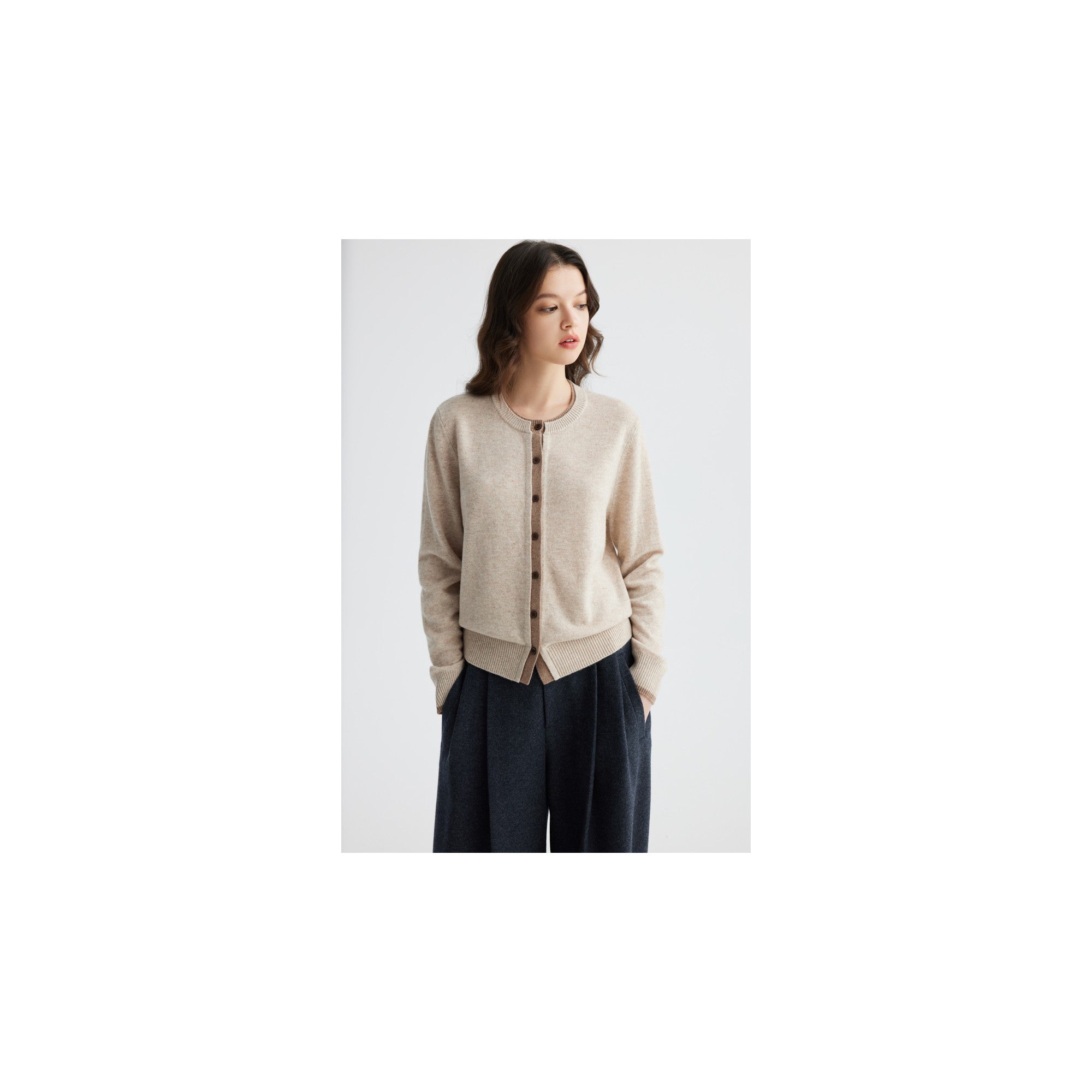 YWÉRA Pure Wool Crewneck Cardigan — Oat Beige