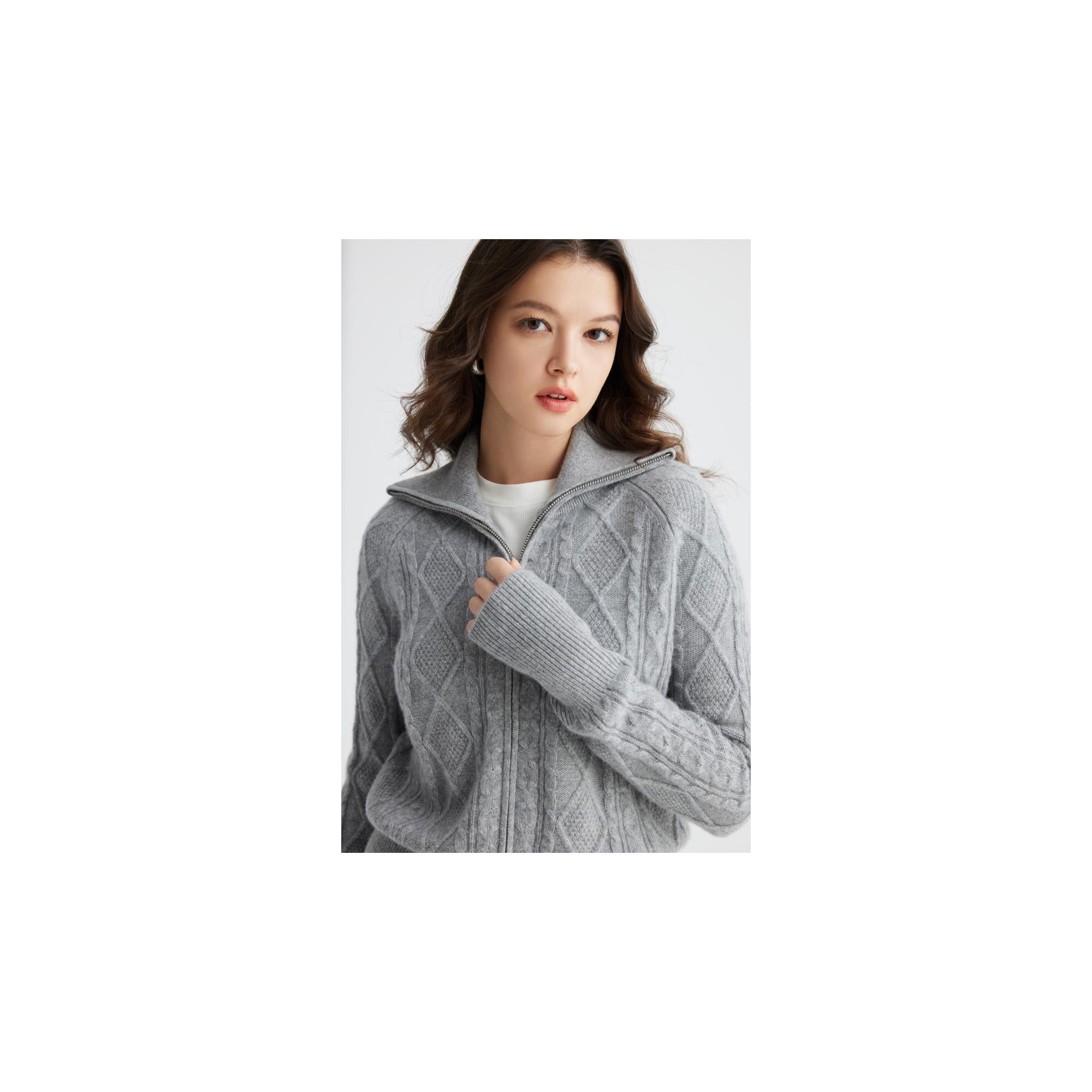 YWÉRA Pure Cashmere Cable-Knit Zip Cardigan — Light Grey