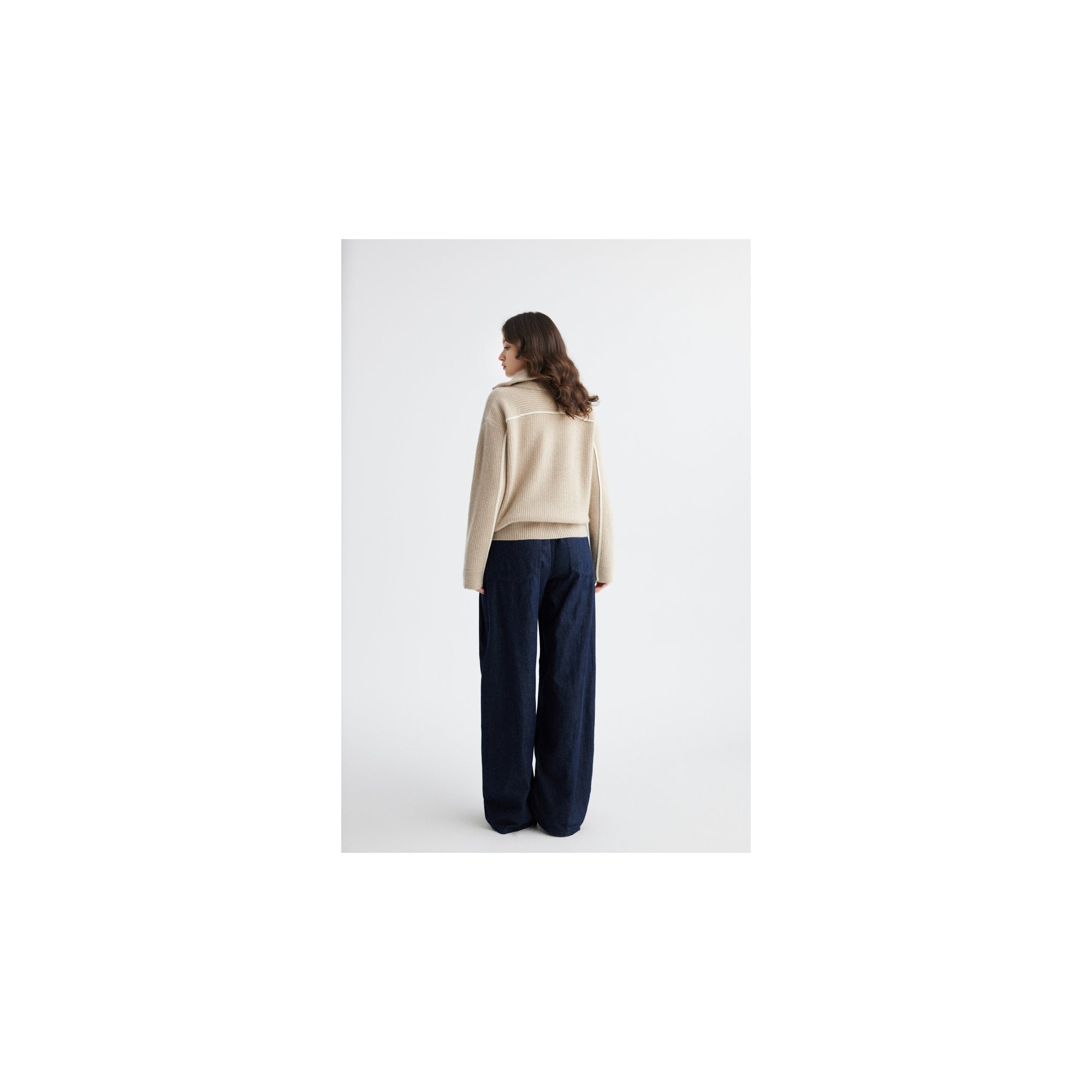 YWÉRA 100% Cashmere Ribbed Zip Cardigan — Beige & Golden Lurex
