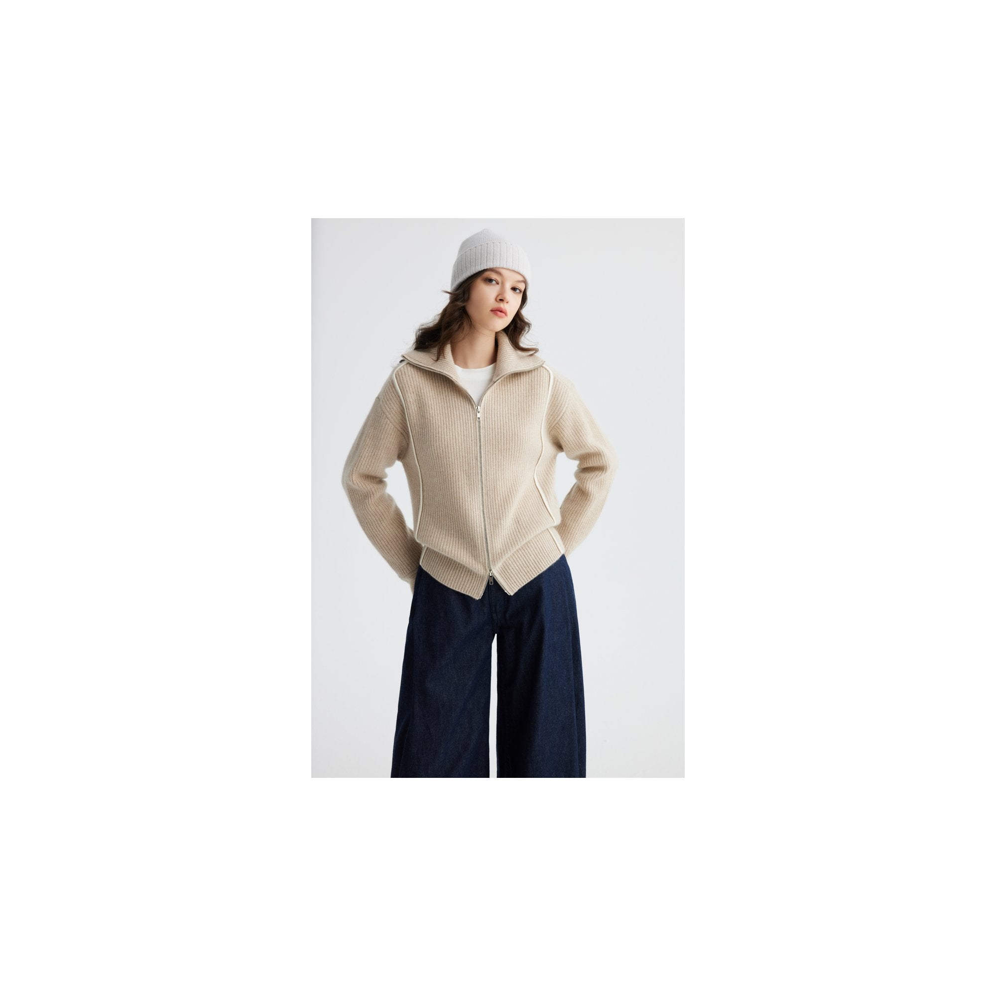 YWÉRA Pure Cashmere Ribbed Zip Cardigan — Beige & Golden Lurex