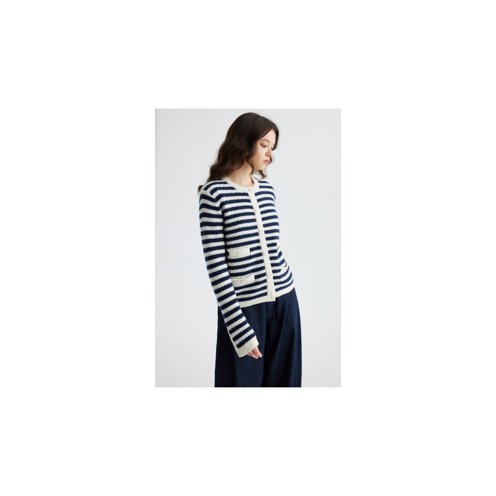 YWÉRA Pure Cashmere Cardigan —Dark Blue Striped