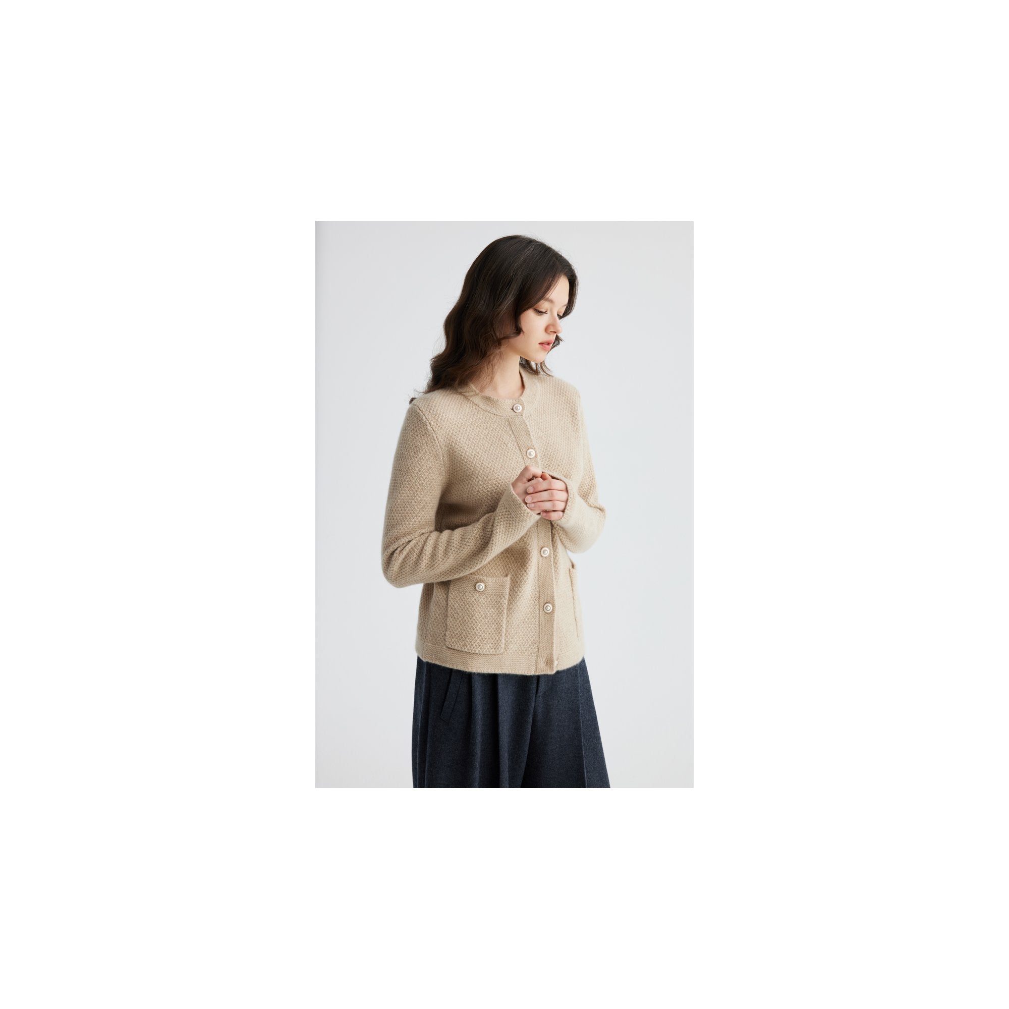 YWÉRA Pure Cashmere Cardigan — Camel & Golden Lurex